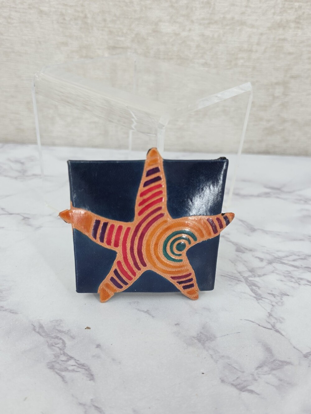 Leather Starfish Coin Pouch Folding Box Orange and Navy